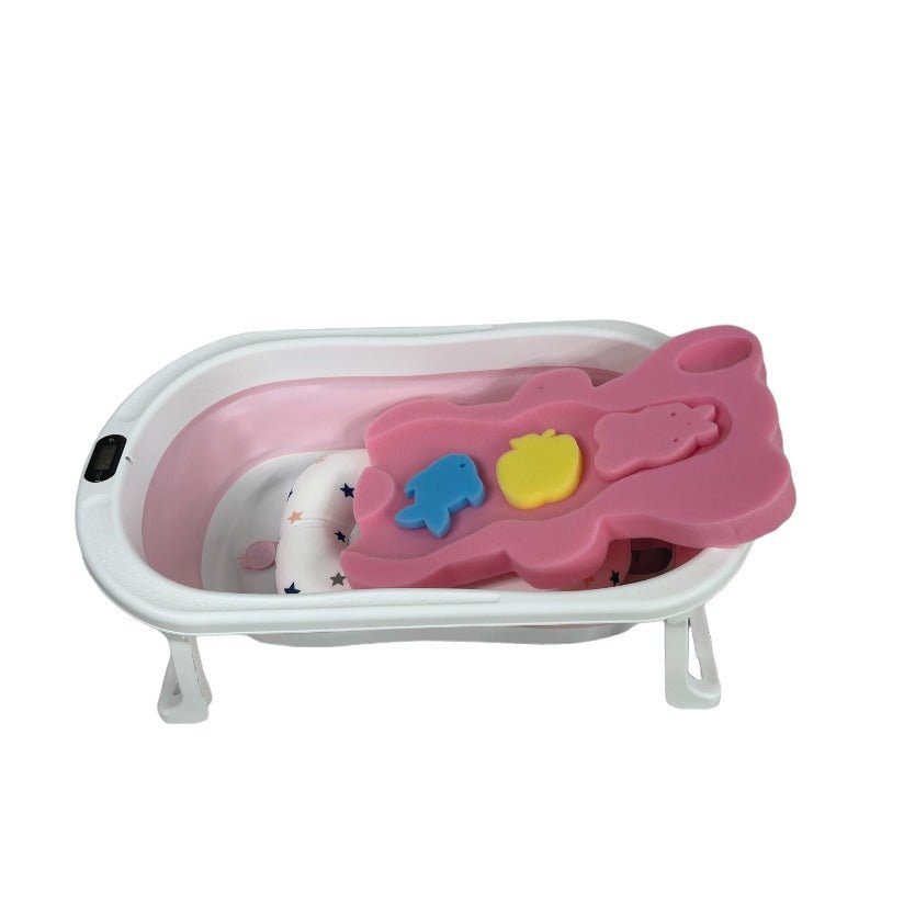 Cadita de baie pliabila, cu pernuta si bureti, termometru, pliere rapida, usor de utilizat, picioare antiderapante, varsta 0 - 3 ani, 25l, roz, buz - BUZ.RO