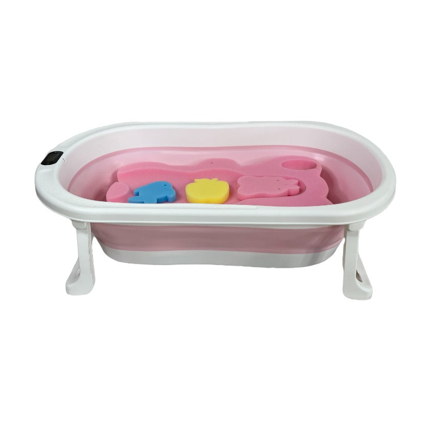 Cadita de baie pliabila, cu pernuta si bureti, termometru, pliere rapida, usor de utilizat, picioare antiderapante, varsta 0-3 ani, 25l, roz, buz