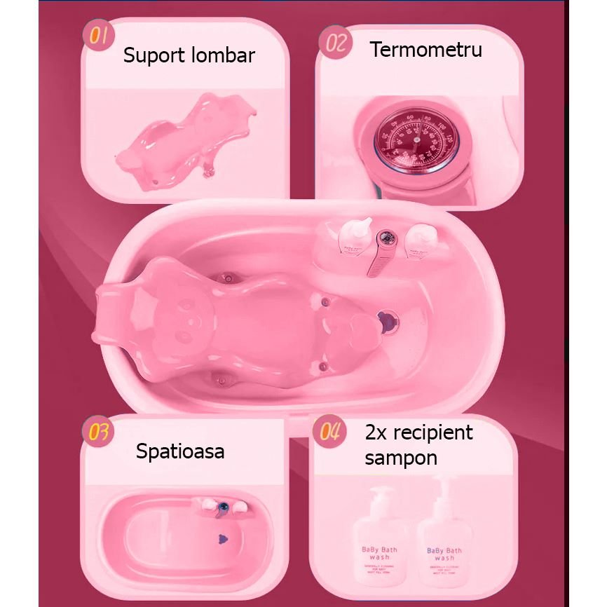 Cadita pentru bebelusi, cu termometru si accesorii, 0 - 4ani, rezistenta, roz, 90 x 50 cm - BUZ.RO