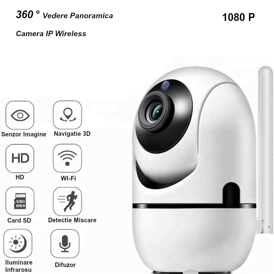 Camera de supraveghere video, WIFI, smart, 1080P, senzor audio, inregistrare pe card, microfon, rotire 360 grade, vedere panoramica, alba - BUZ.RO