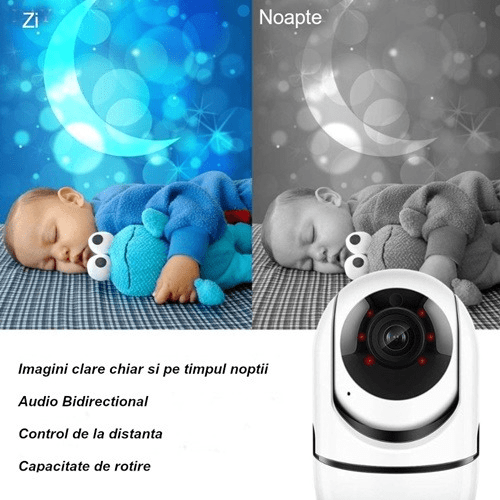 Camera de supraveghere video, WIFI, smart, 1080P, senzor audio, inregistrare pe card, microfon, rotire 360 grade, vedere panoramica, alba - BUZ.RO