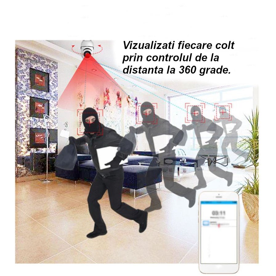 Camera de supraveghere video, WIFI, smart, 1080P, senzor audio, inregistrare pe card, microfon, rotire 360 grade, vedere panoramica, alba - BUZ.RO