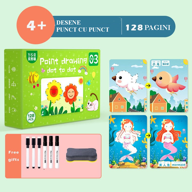 Carte de activitati si jocuri, cu asocieri si desene, culori, 6 carioci si radiera, 128 pagini, 4+ ani