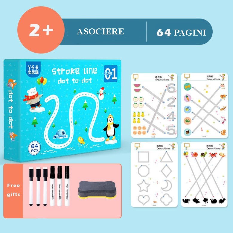 Carte de activitati si jocuri, cu asocieri si desene, culori, 6 carioci si radiera, 128 pagini, 4+ ani - BUZ.RO