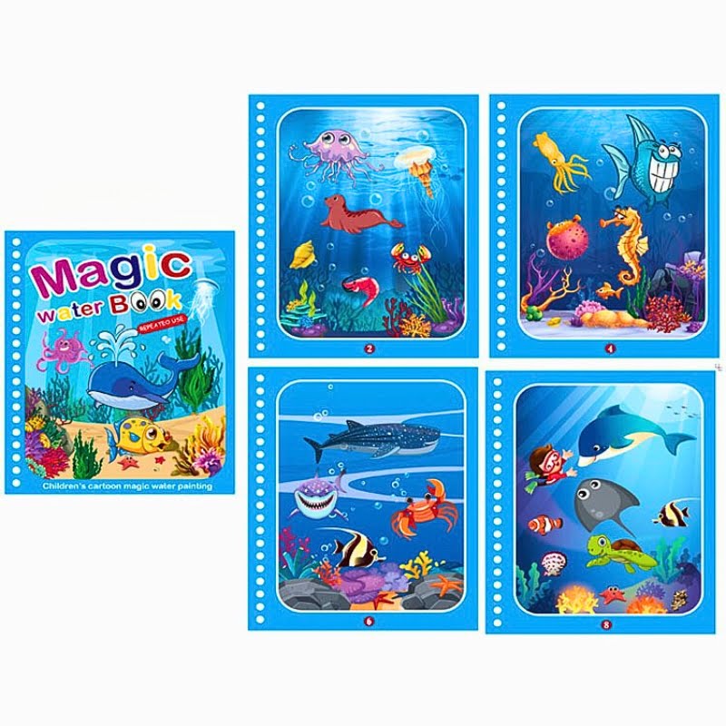 Carte de colorat, cu apa, Magic Book, reutilizabil, diverse modele, tip montessori, animale marine - BUZ.RO