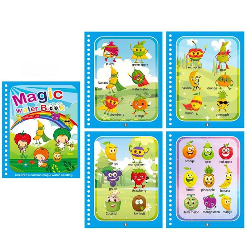 Carte de colorat, cu apa, Magic Book, reutilizabil, diverse modele, tip montessori, fructe