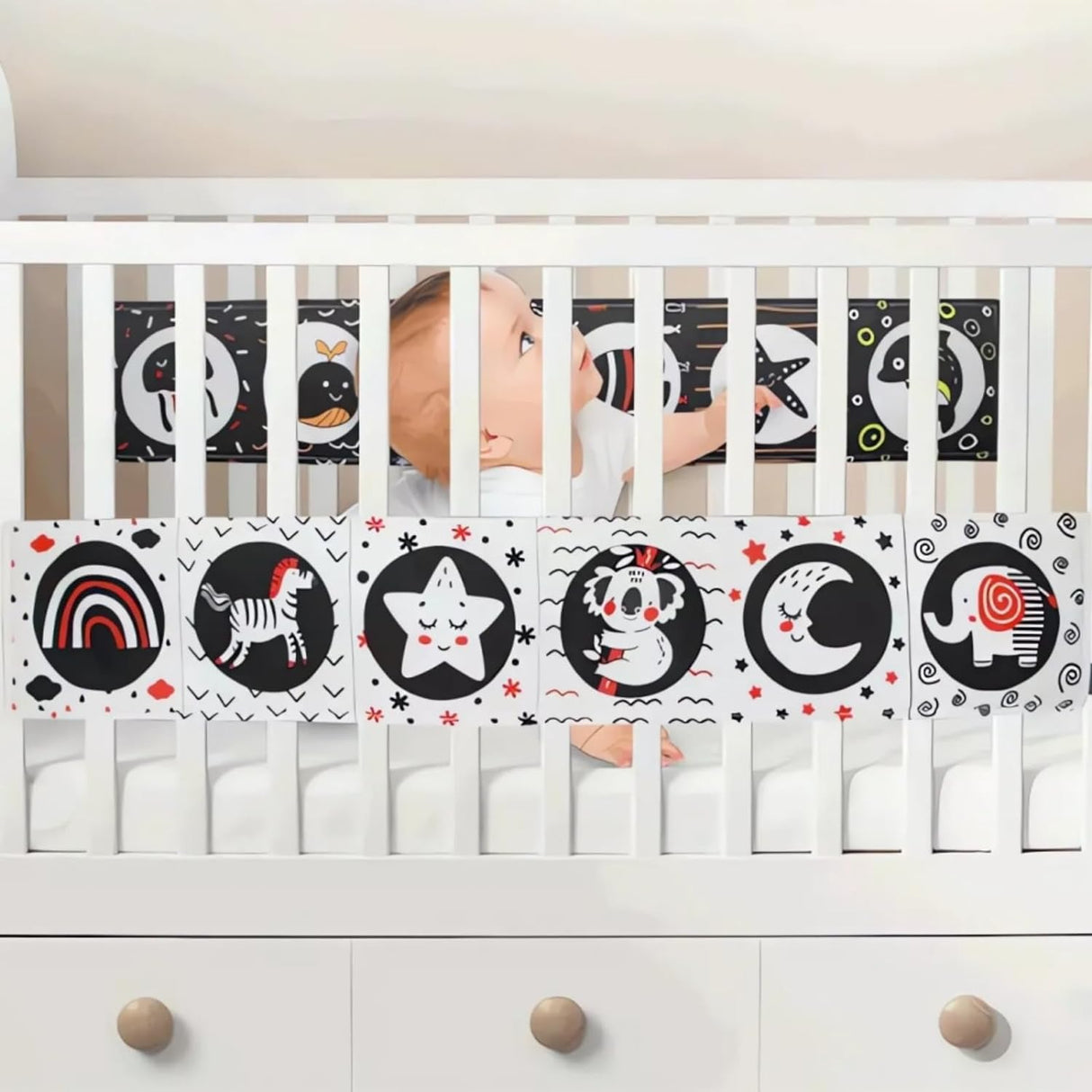 Carte fosnitoare cu imagini pentru stimulare vizuala si senzoriala bebelusi, carduri alb/negru/rosu, pentru dentitia bebelusului, 0+ luni