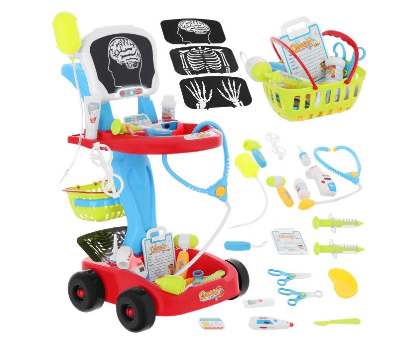 Carucior cu trusa de doctor, jucarie interactiva 23 piese lumini si sunete - BUZ.RO