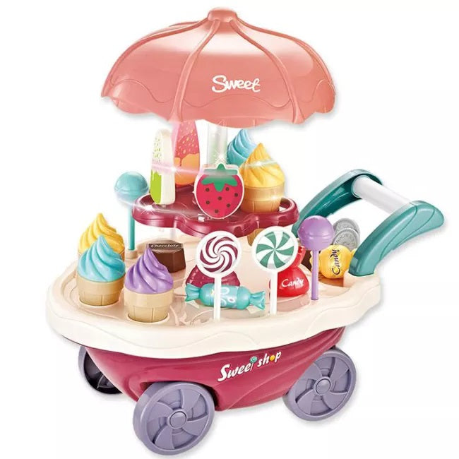 Carucior tip carusel cu inghetata si dulciuri, jucarie cu lumini si sunete, plastic, multicolor, 30x27 cm