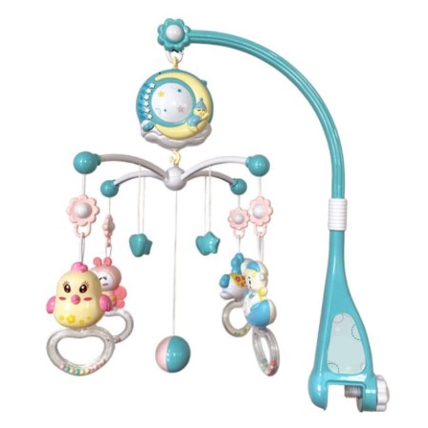 Carusel muzical pentru patut cu jucarii detasabile, cu telecomanda, rotatie 360, albastru