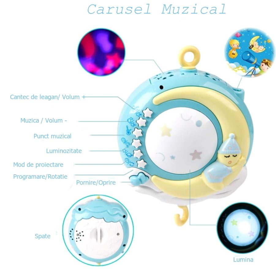 Carusel muzical pentru patut cu jucarii detasabile, cu telecomanda, rotatie 360, albastru