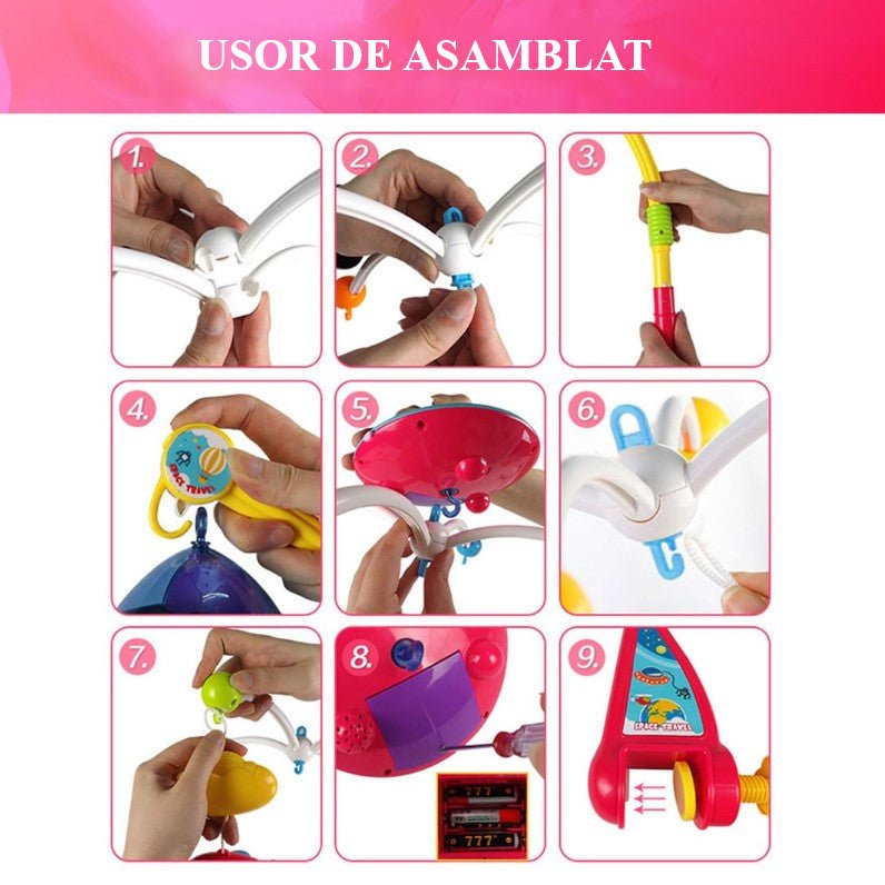 Carusel muzical pentru patut cu jucarii detasabile, rotatie 360°, multicolor - BUZ.RO
