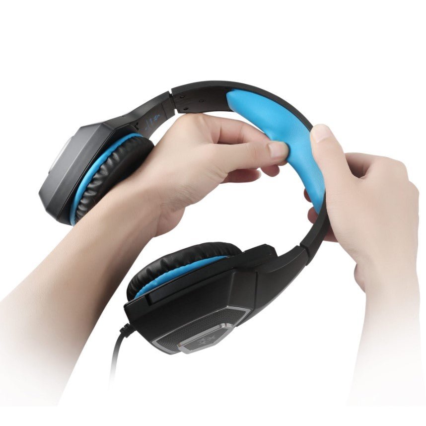 Casti gaming, HunterSpider V1 pro, super deep bass, lumina LED in 7 culori, microfon noise cancelling, protectie ureche din piele, negru - albastru - BUZ.RO