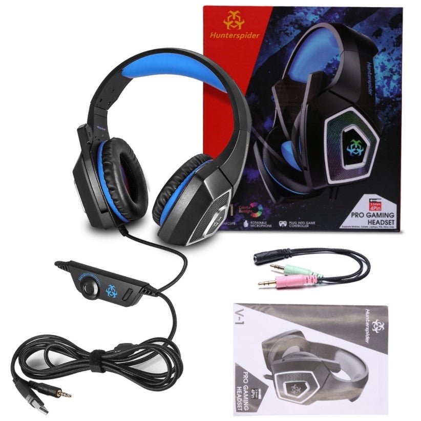 Casti gaming, HunterSpider V1 pro, super deep bass, lumina LED in 7 culori, microfon noise cancelling, protectie ureche din piele, negru - albastru - BUZ.RO