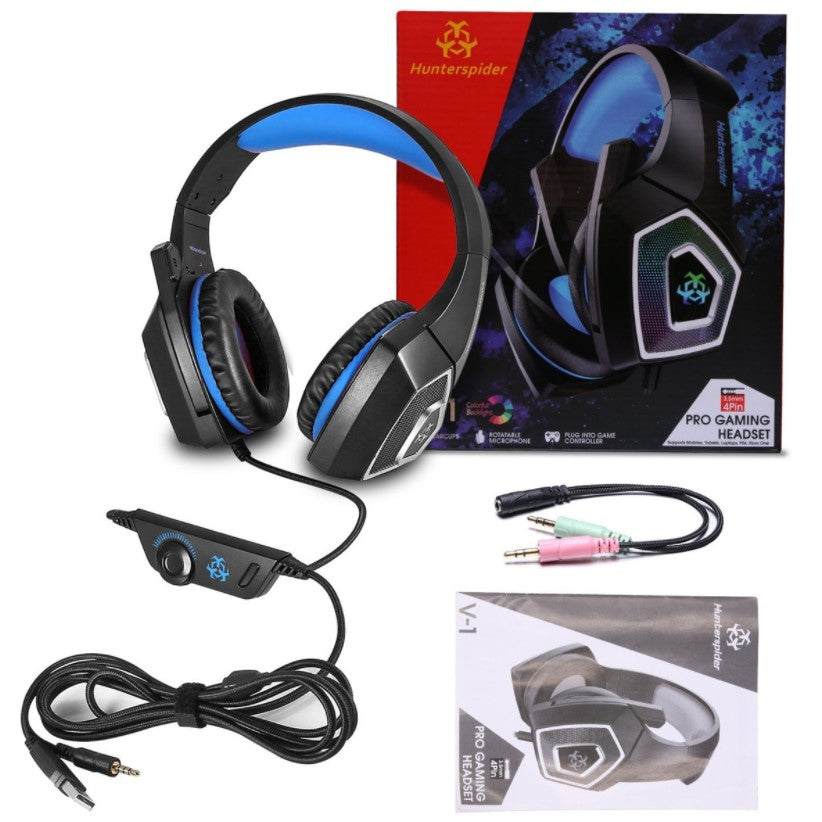 Casti gaming, HunterSpider V1 pro, super deep bass, lumina LED in 7 culori, microfon noise cancelling, protectie ureche din piele, negru-albastru