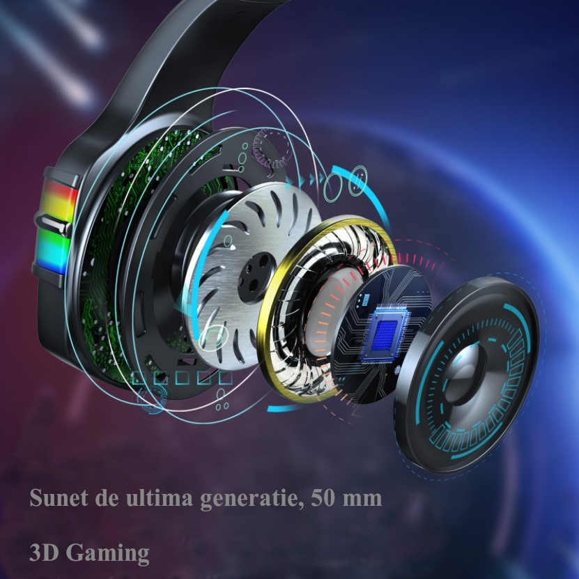 Casti gaming, jack 3.5 mm, iluminare LED, control volum, pentru PC, PS, xbox, negru-rosu