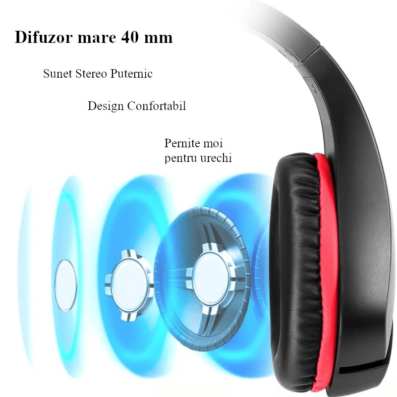 Casti gaming, pentru jocuri, USB, stereo cu fir, RGB, microfon noise cancelling, LED, deep bass, rosu - negru - BUZ.RO