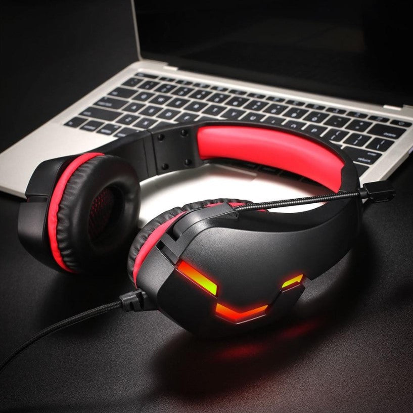 Casti gaming, pentru jocuri, USB, stereo cu fir, RGB, microfon noise cancelling, LED, deep bass, rosu-negru