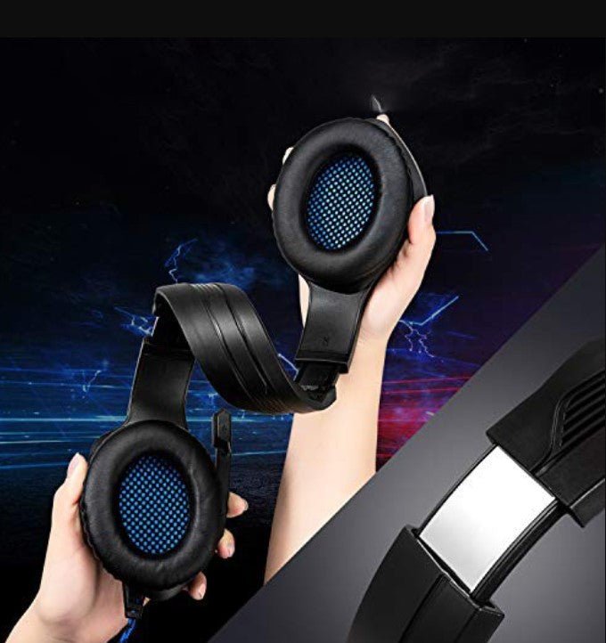 Casti gaming, stereo, cu lumina LED, super deep bass, pentru PC / XBOX / PS, microfon noise cancelling, negru - albastru - BUZ.RO