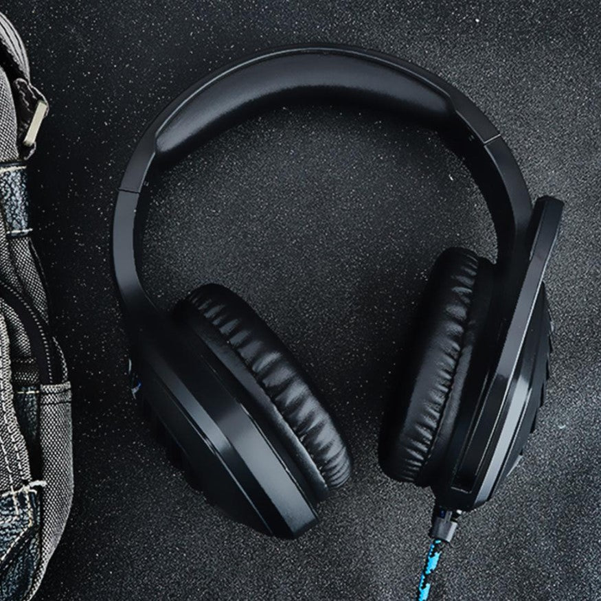 Casti gaming, stereo, cu lumina LED, super deep bass, pentru PC / XBOX / PS, microfon noise cancelling, negru - albastru - BUZ.RO