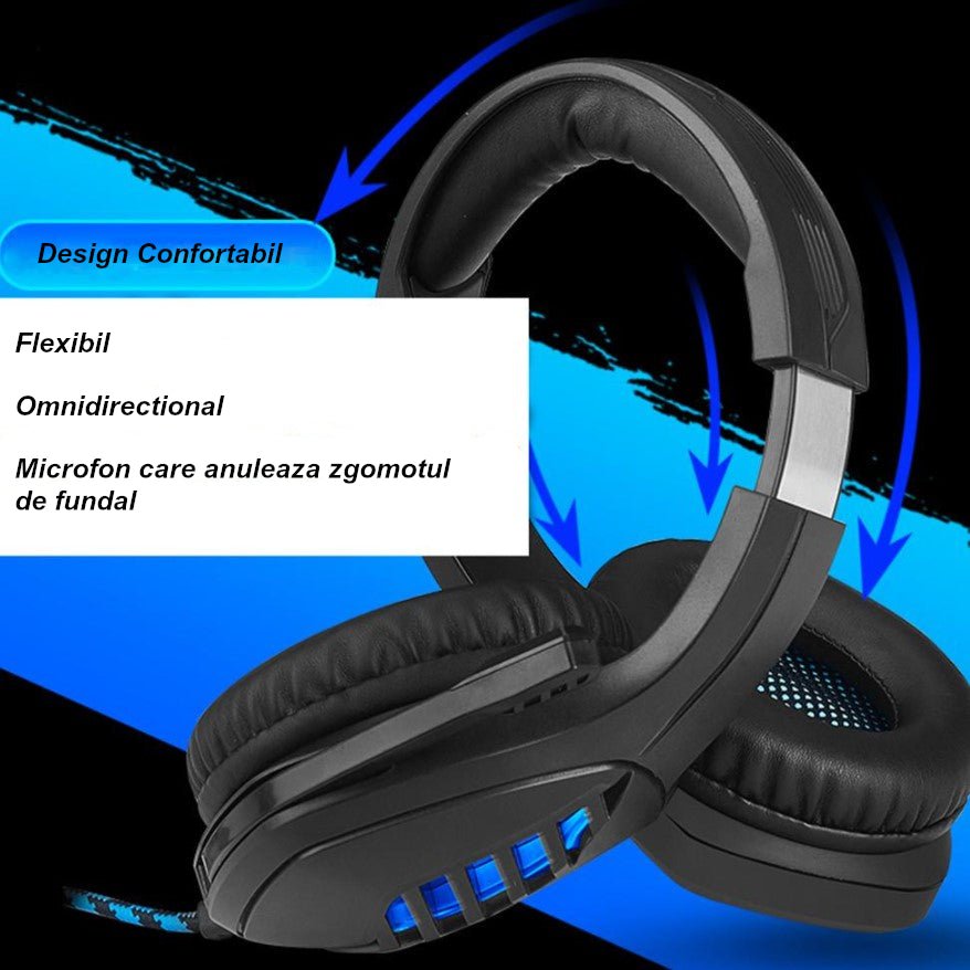Casti gaming, stereo, cu lumina LED, super deep bass, pentru PC / XBOX / PS, microfon noise cancelling, negru - albastru - BUZ.RO
