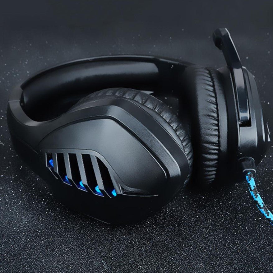 Casti gaming, stereo, cu lumina LED, super deep bass, pentru PC / XBOX / PS, microfon noise cancelling, negru - albastru - BUZ.RO