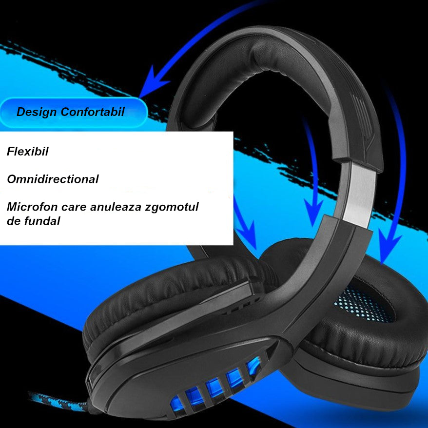 Casti gaming, stereo, cu lumina LED, super deep bass, pentru PC / XBOX / PS, microfon noise cancelling, negru-albastru
