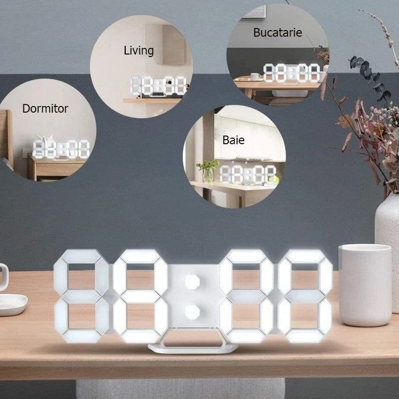 Ceas multifunctional cu LED si proiectie, alarma digitala, afisaj LCD temperatura, spatial, pentru masa sau perete, mod noapte/zi, 23x1.5 cm