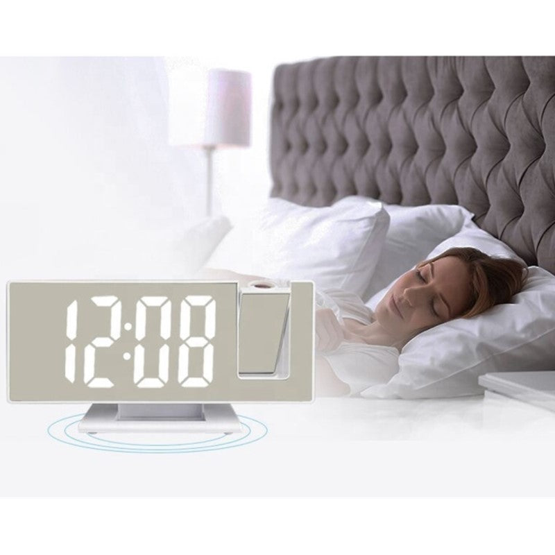 Ceas multifunctional cu LED si proiectie, stil oglinda, alarma digitala, afisaj LCD temperatura, pentru birou, mod noapte / zi, alb