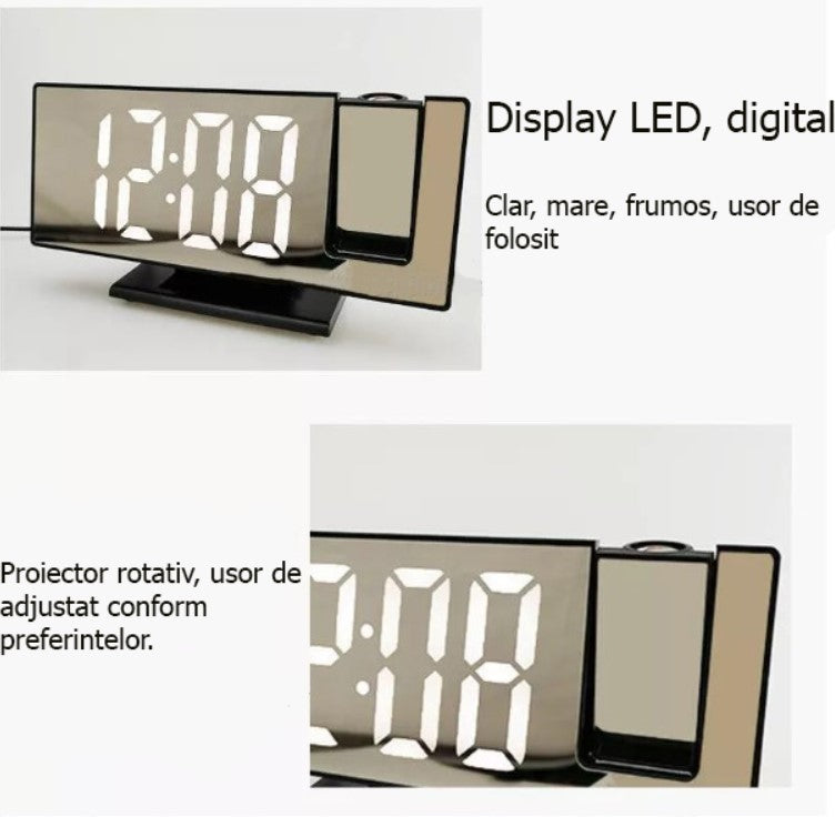 Ceas multifunctional cu LED si proiectie, stil oglinda, alarma digitala, afisaj LCD temperatura, pentru birou, mod noapte / zi, alb
