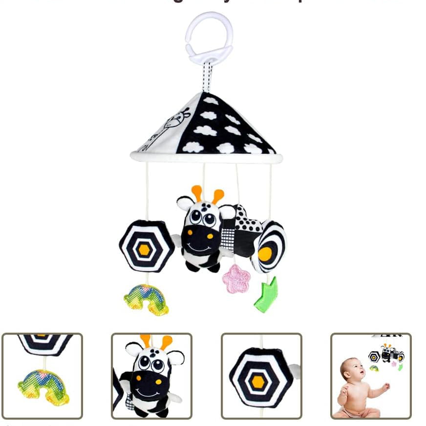 Centru de activitati pentru patut si carucior, carusel cu imagini pentru stimulare vizuala si senzoriala bebelusi, alb/negru, 0+ luni - BUZ.RO