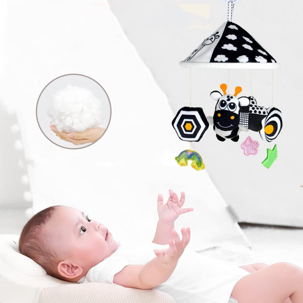 Centru de activitati pentru patut si carucior, carusel cu imagini pentru stimulare vizuala si senzoriala bebelusi, alb/negru, 0+ luni - BUZ.RO