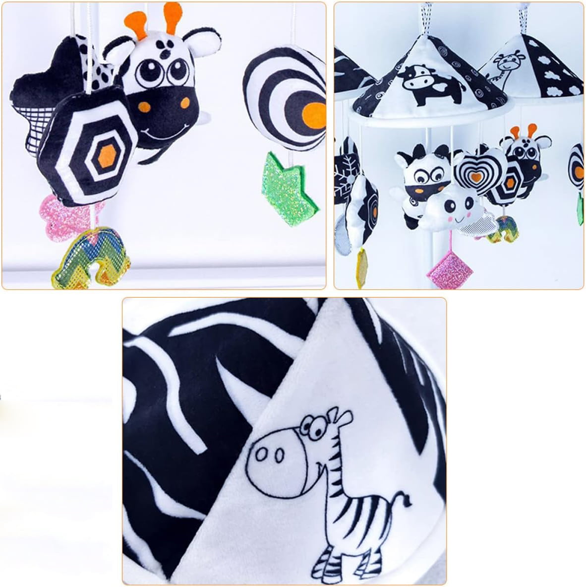 Centru de activitati pentru patut si carucior, carusel cu imagini pentru stimulare vizuala si senzoriala bebelusi, alb/negru, 0+ luni