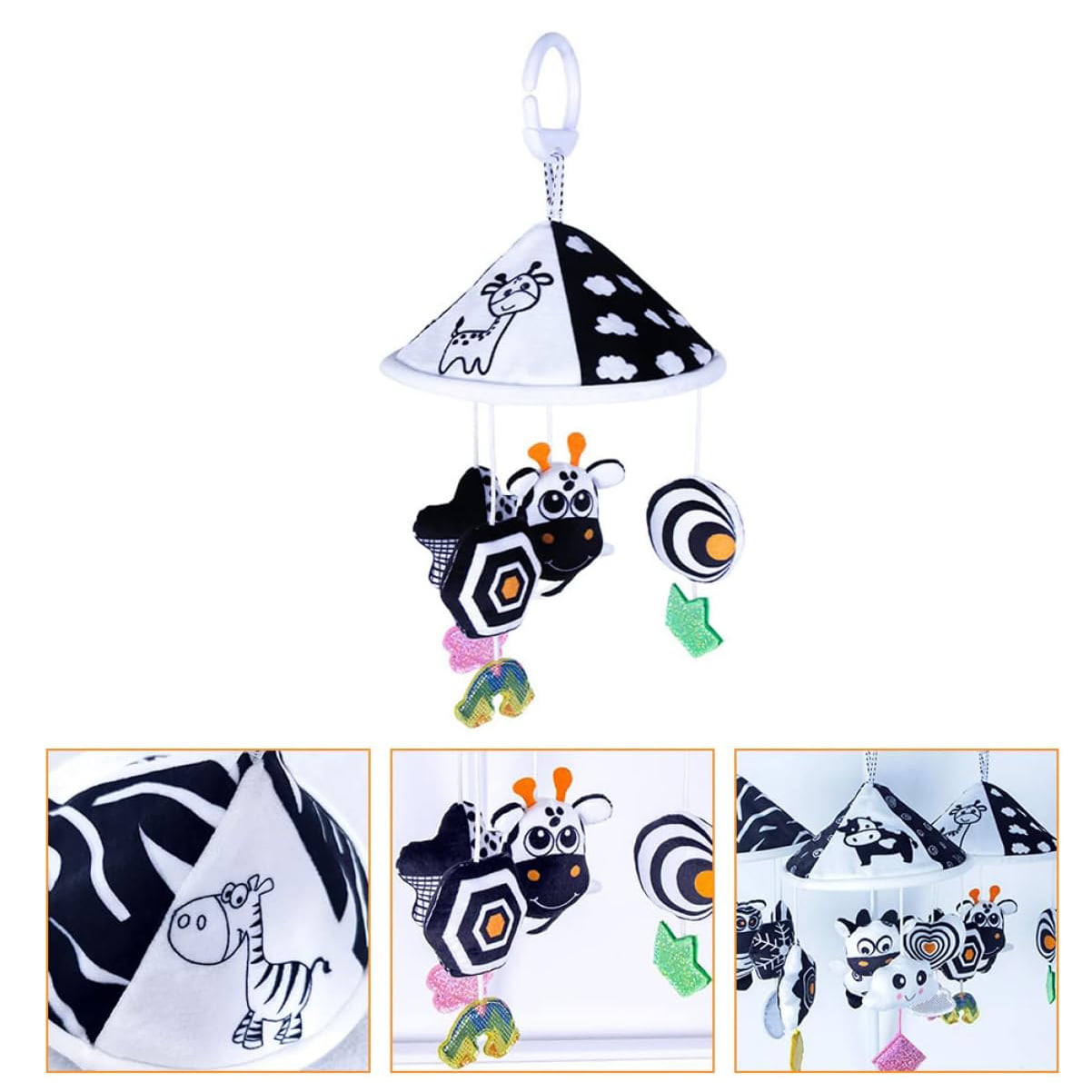 Centru de activitati pentru patut si carucior, carusel cu imagini pentru stimulare vizuala si senzoriala bebelusi, alb/negru, 0+ luni