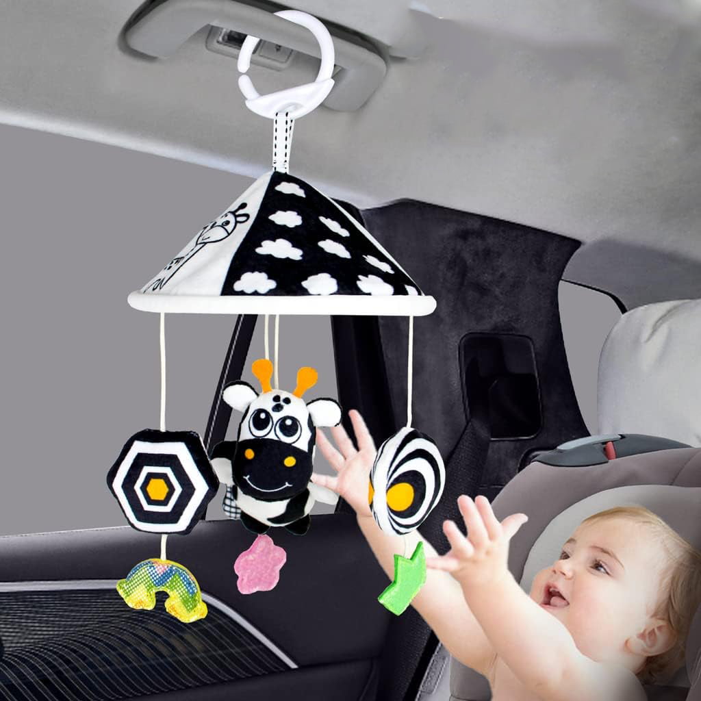 Centru de activitati pentru patut si carucior, carusel cu imagini pentru stimulare vizuala si senzoriala bebelusi, alb/negru, 0+ luni