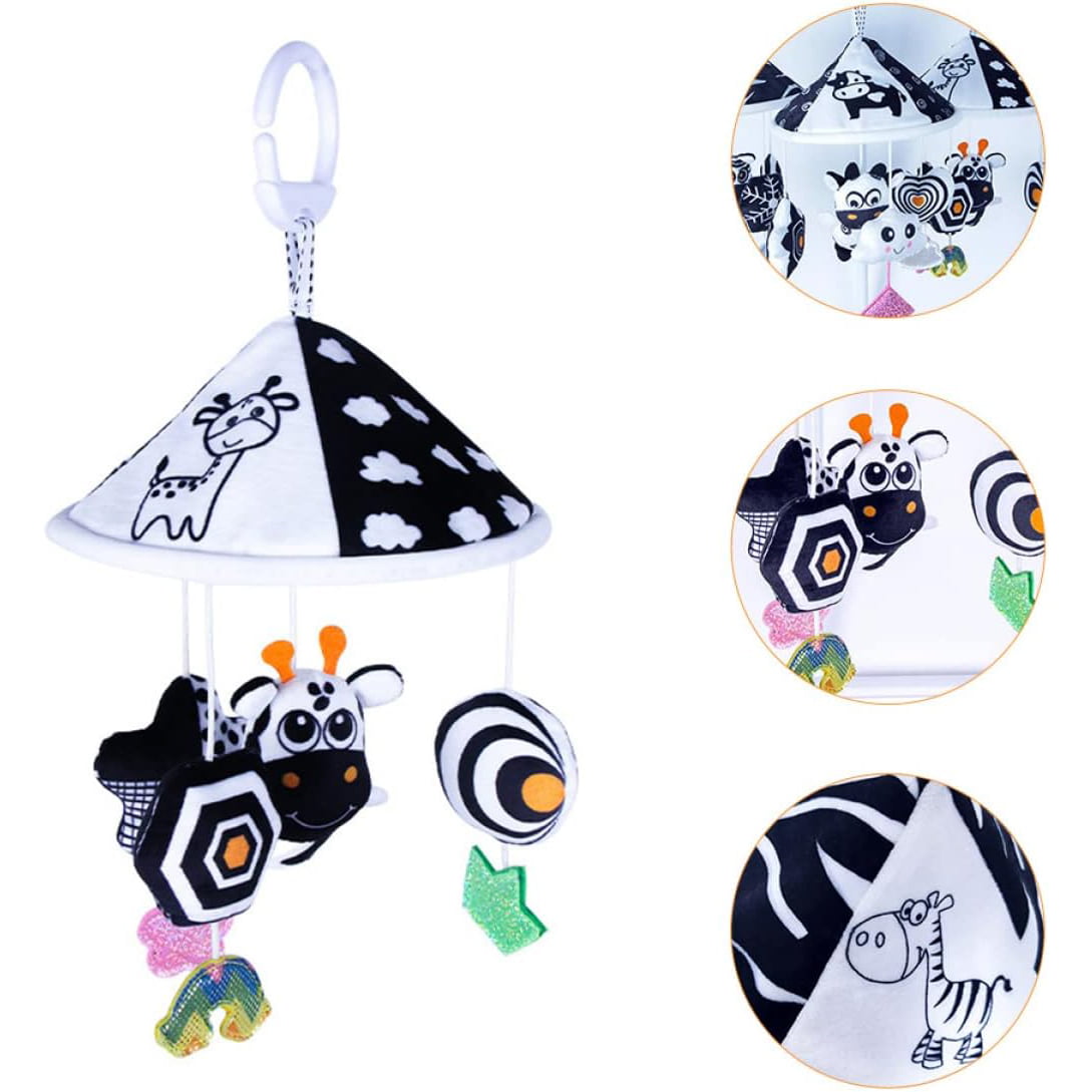 Centru de activitati pentru patut si carucior, carusel cu imagini pentru stimulare vizuala si senzoriala bebelusi, alb/negru, 0+ luni