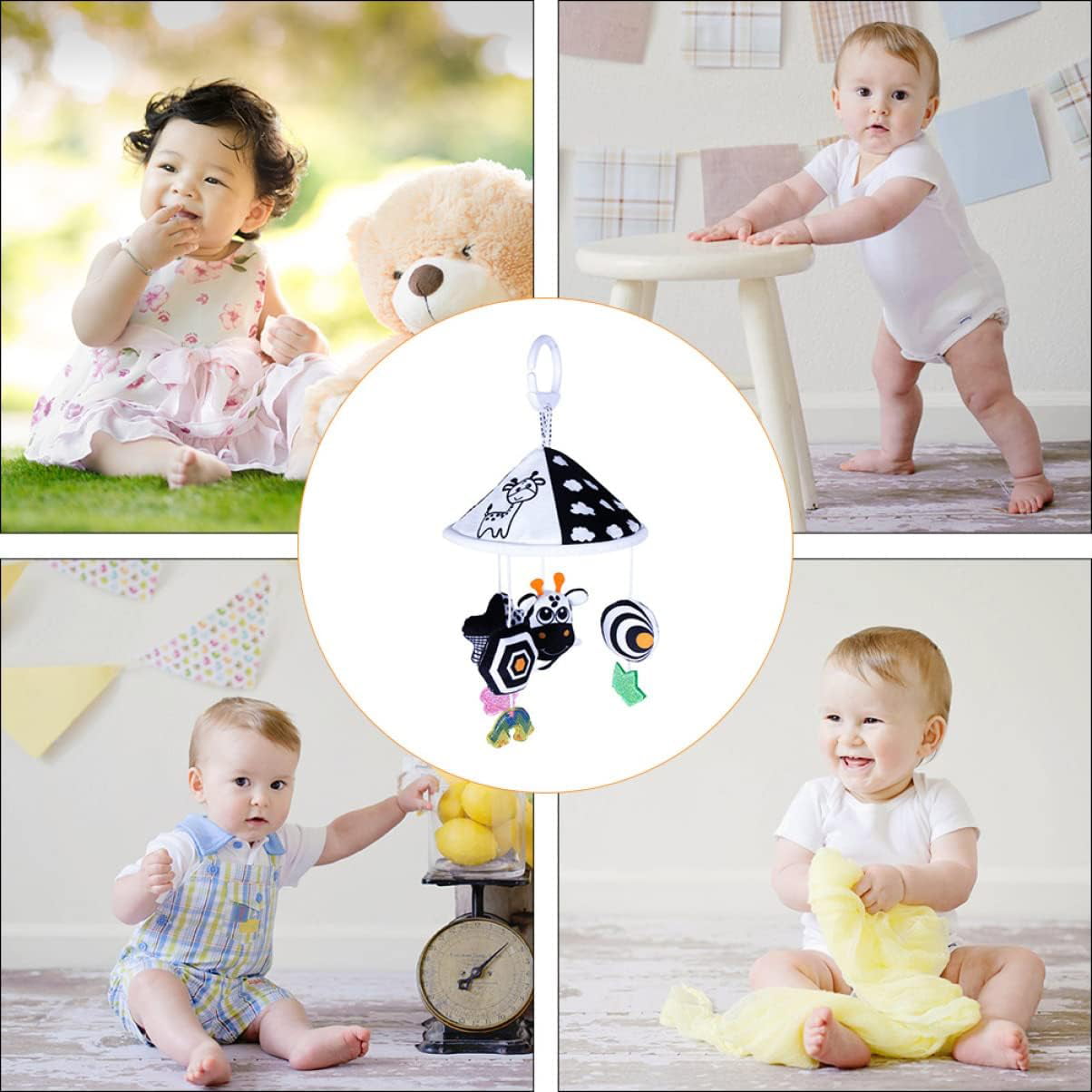 Centru de activitati pentru patut si carucior, carusel cu imagini pentru stimulare vizuala si senzoriala bebelusi, alb/negru, 0+ luni