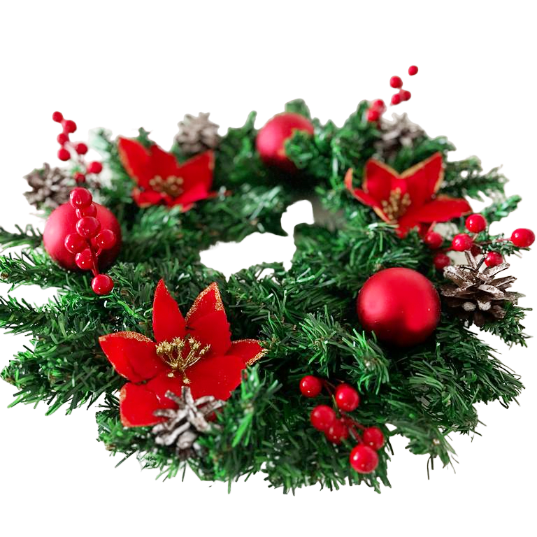 Coronita pentru Craciun, 45 cm, din brad artificial, decorata cu conuri, merisoare si globuri si craciunite, Verde/Rosu - BUZ.RO