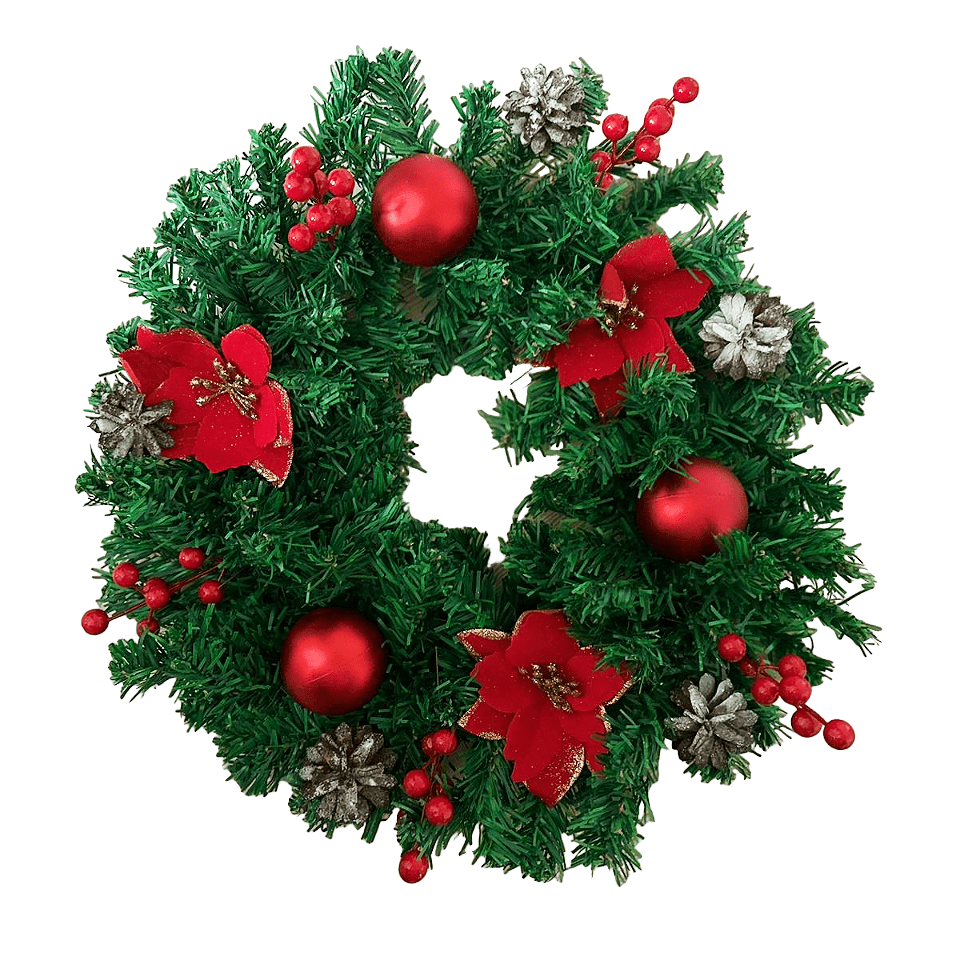 Coronita pentru Craciun, 45 cm, din brad artificial, decorata cu conuri, merisoare si globuri si craciunite, Verde/Rosu - BUZ.RO