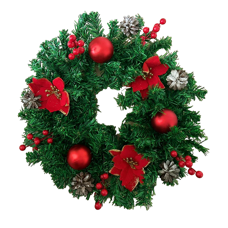 Coronita pentru Craciun, 45 cm, din brad artificial, decorata cu conuri, merisoare si globuri si craciunite, Verde/Rosu