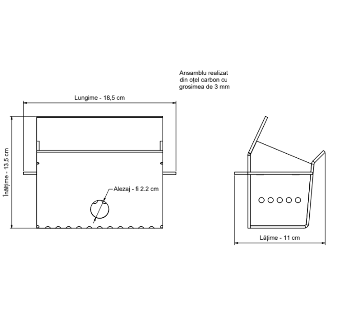 Creuzet (focar) din otel pentru centrale/termoseminee pe peleti, intre 18KW si 40KW - Fornello, Koph, Sonotec,18.5x 11x 13.5 cm Intre 18KW- 30KW