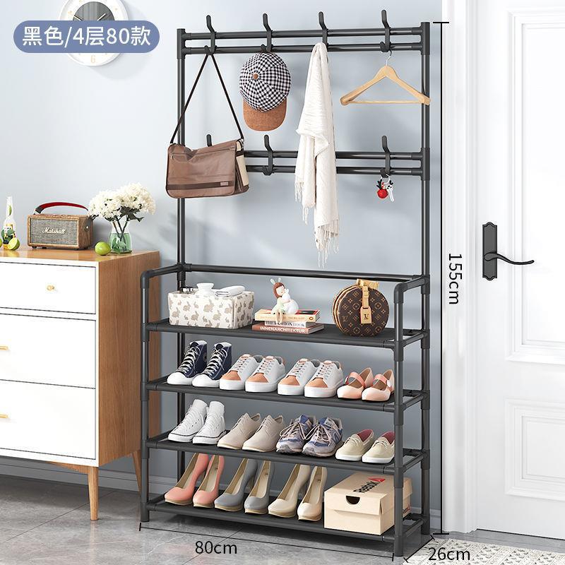 Cuier haine cu suport pantofi, 16 agatatori, 5 rafturi, negru, 172x80x26 cm - BUZ.RO