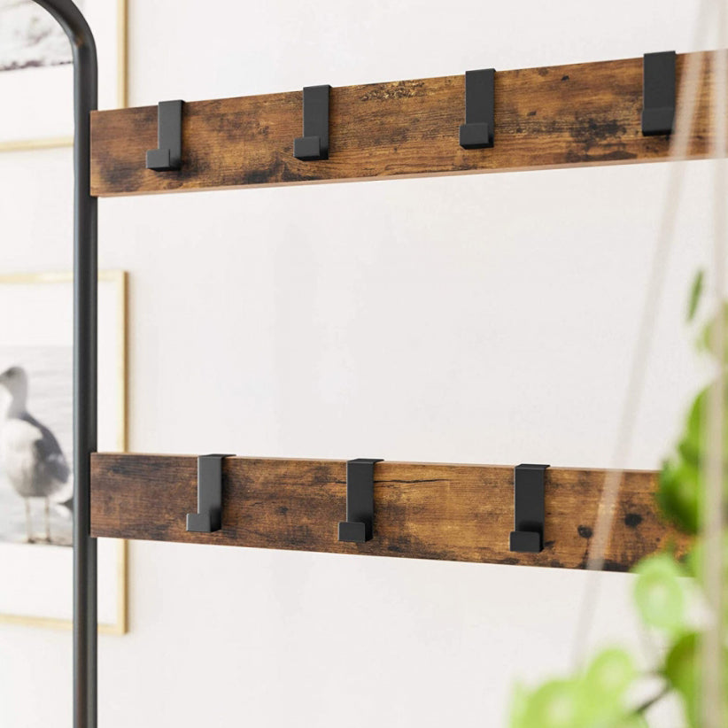 Cuier haine cu suport pantofi, 9 agatatori, 2 rafturi si bancuta, maro, 183x77 cm