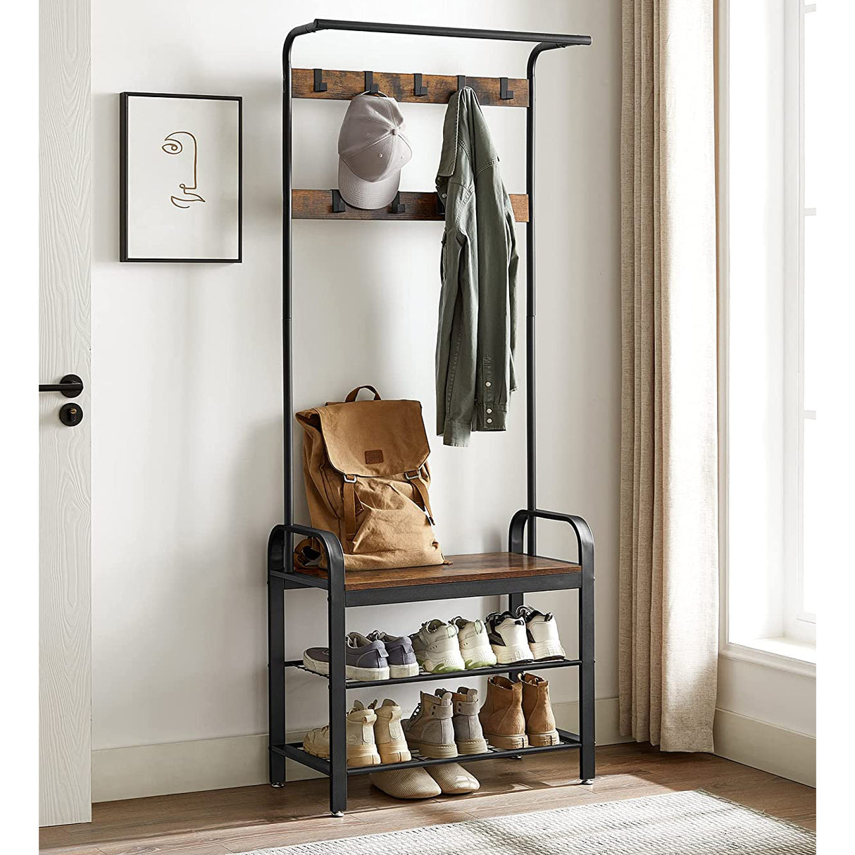 Cuier haine cu suport pantofi, 9 agatatori, 2 rafturi si bancuta, maro, 183x77 cm