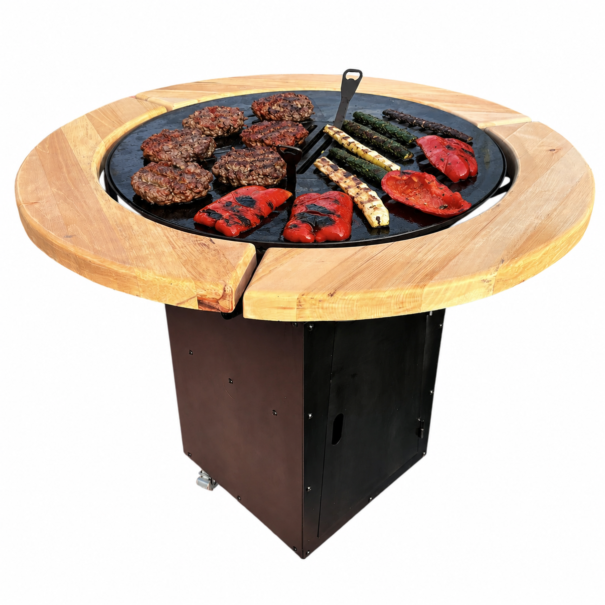 Gratar Rotund de gradina 107cm| plita 75 cm| fire pit cu Plita rotunda 8/10 mm, reglare Tiraj si sertar Cenusa inclus