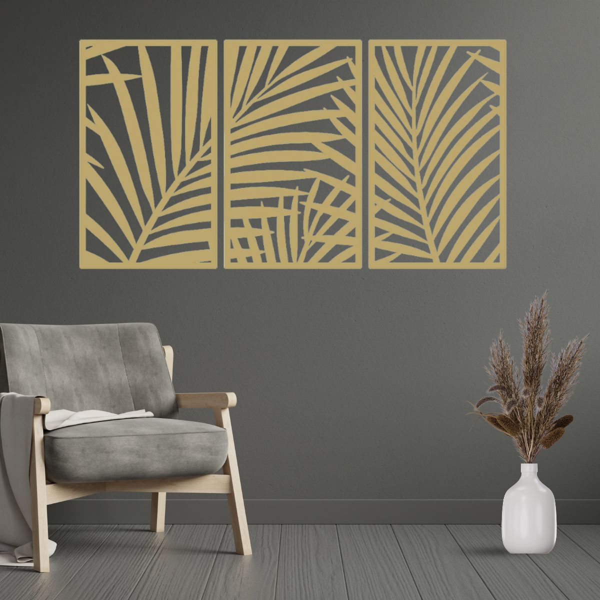 Decoratiune perete metal, model frunze de palmier, 50x90 cm, auriu