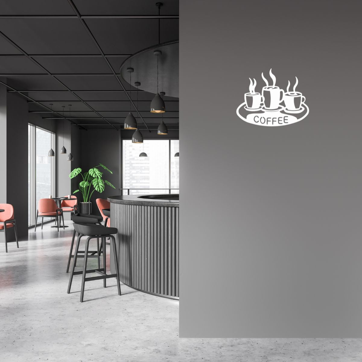 Decoratiune perete metal, model coffee, 50x40 cm, alb