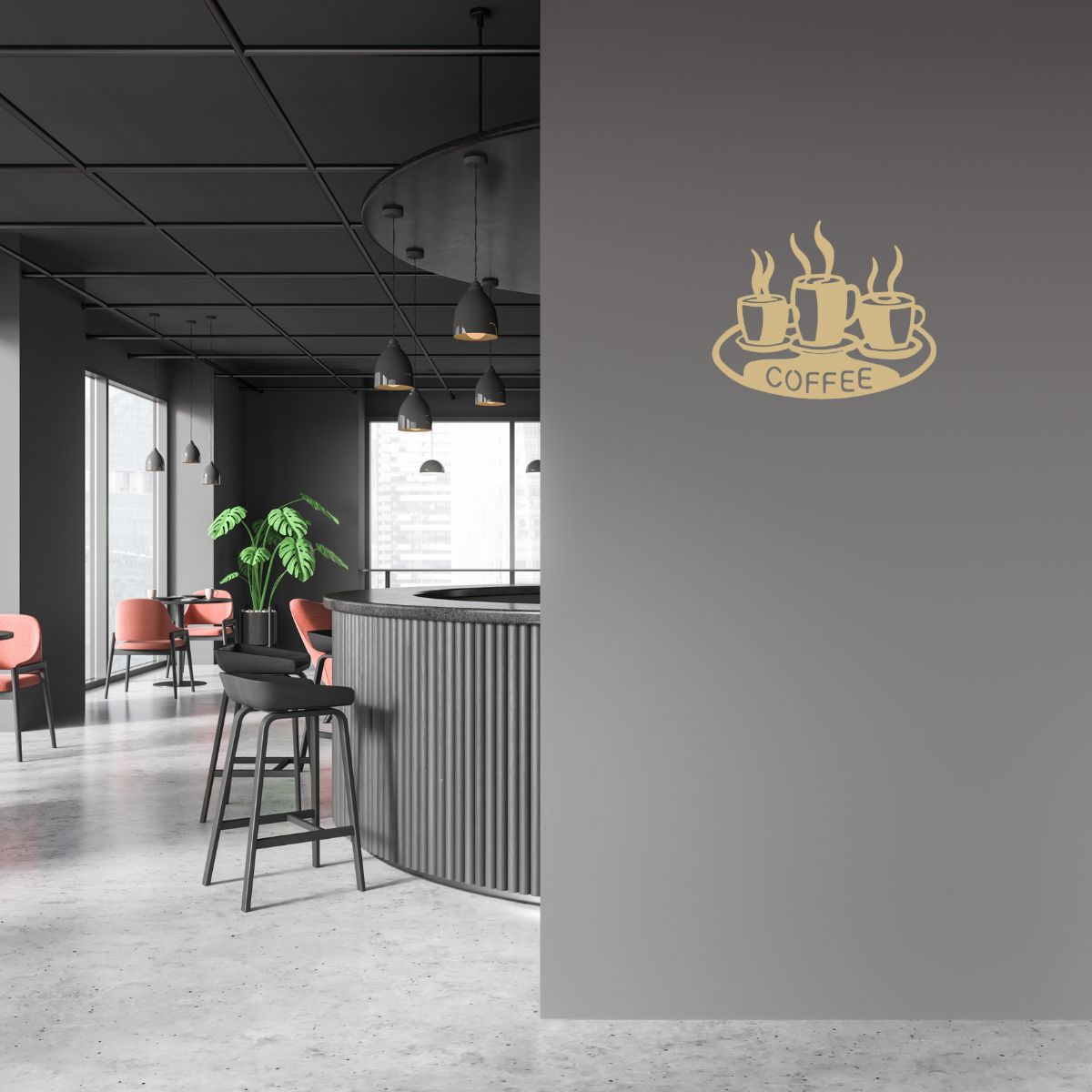 Decoratiune perete metal, model coffee, 50x40 cm, auriu