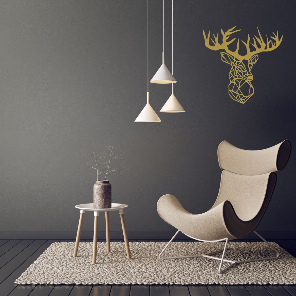 Decoratiune perete metal, model cerb, 60x62 cm, auriu