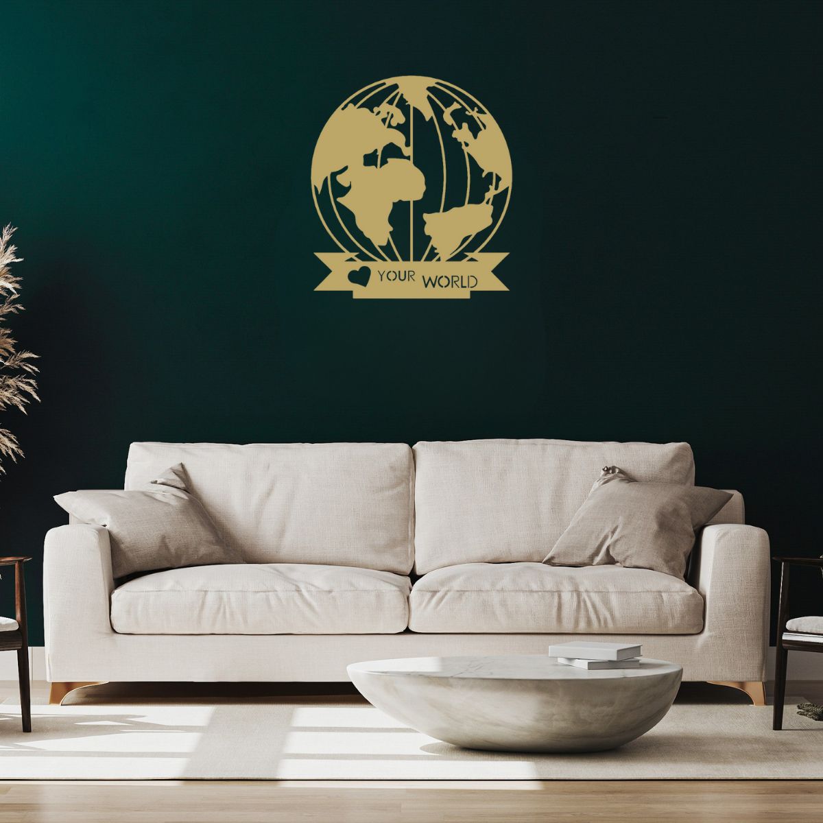 Decoratiune perete metal, model Globul Pamantesc, 80x70 cm, auriu